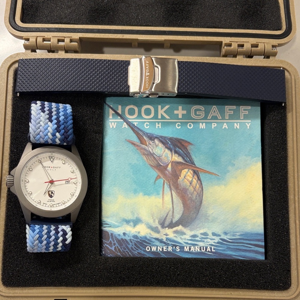 Hook and Gaff Golf White Dial with Navy dive Strap and extra braided strap